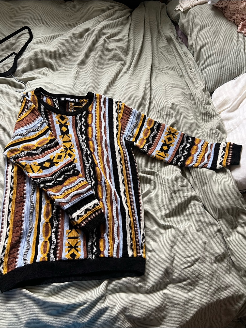 Men's Striped Geo Crewneck Sweater - Black, Brown, Yellow